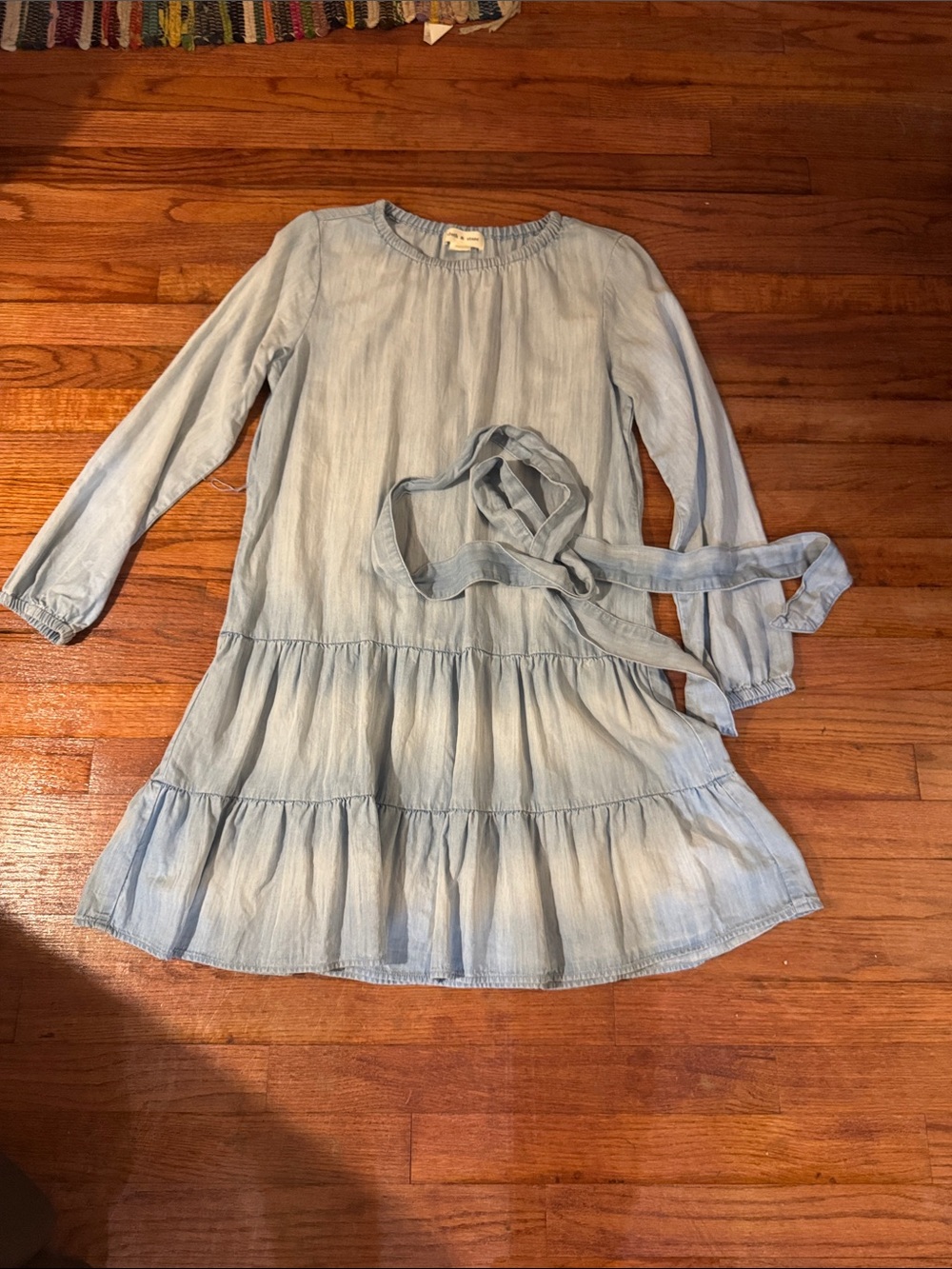 cloth & stone Light Blue Tiered Long Sleeve Dress with Tie Belt